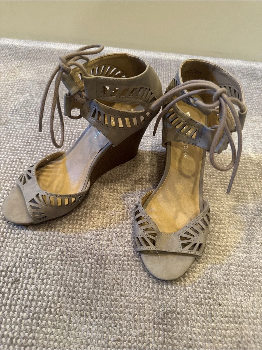 CL by Laundry Taupe Laser-Cut Lace-Up Wedge Sandals